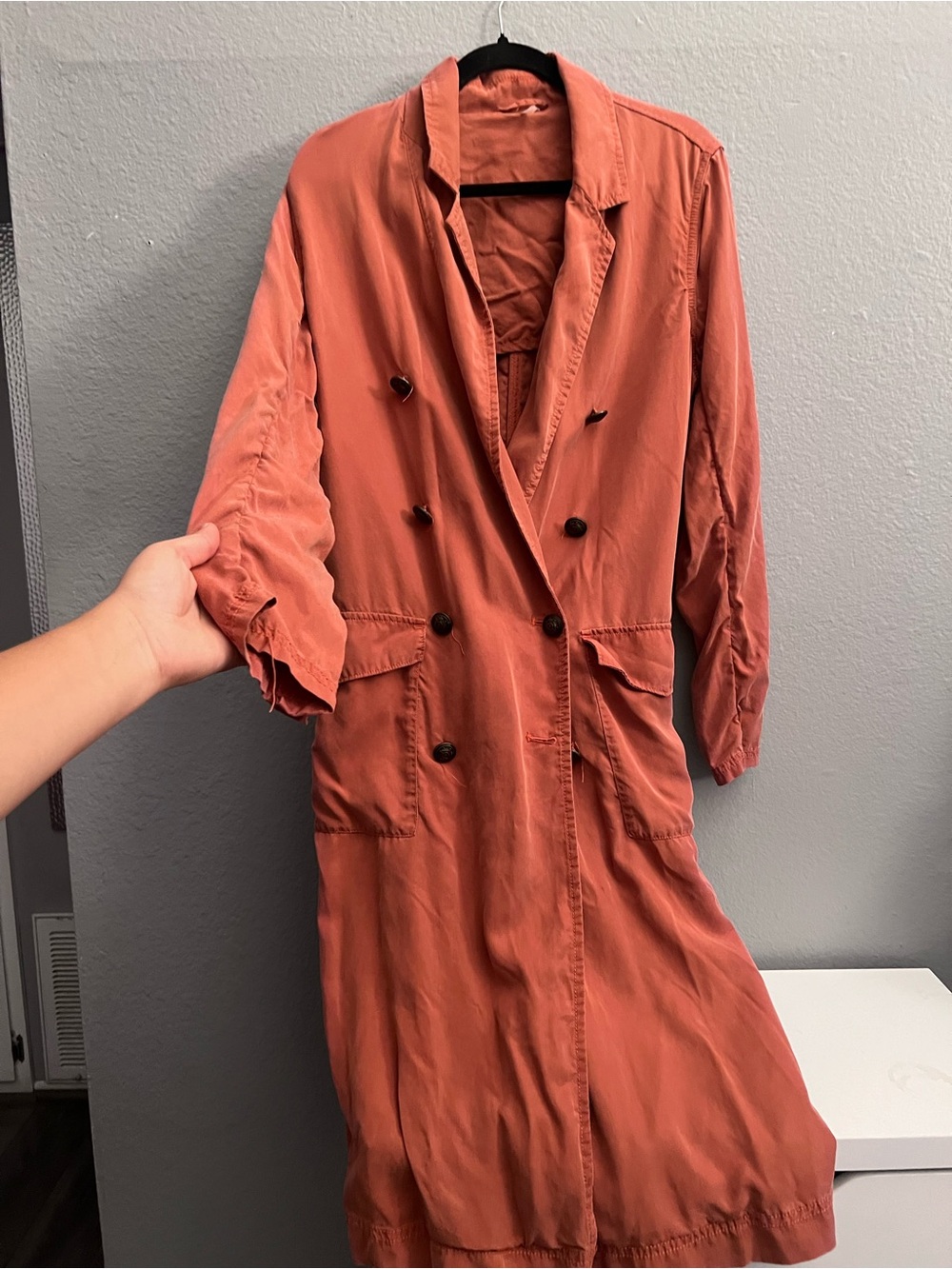 Free People Double-Breasted Long Trench Coat - Rust Orange